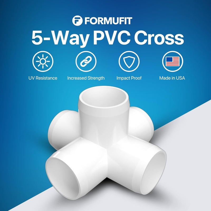 FORMUFIT 1-1/2" 5-Way PVC Cross Furniture Grade Fitting in White, 1.9" Actual ID, (Pack of 4), Made in USA, UV-Resistant, Impact-Proof, Add Internal Structure Support with PVC Pipe - F1125WC-WH-4 - Image 2